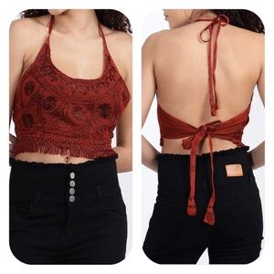 Rhea free size OSFM red embroidered fringe halter